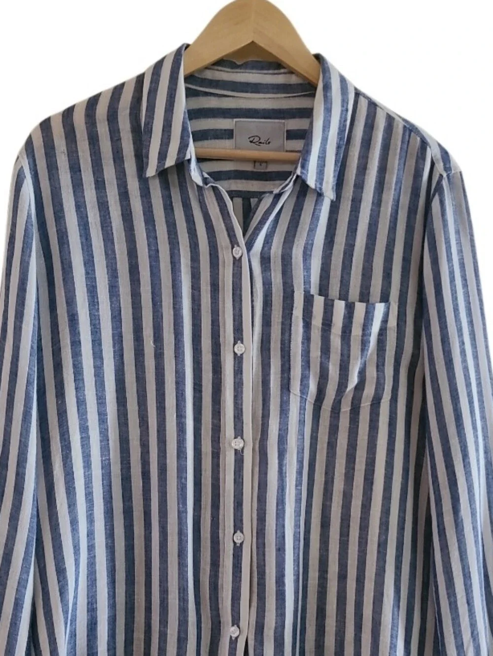 Rails Charli Striped Button-Up Shirt in Blue White Linen Blend Semi Sheer